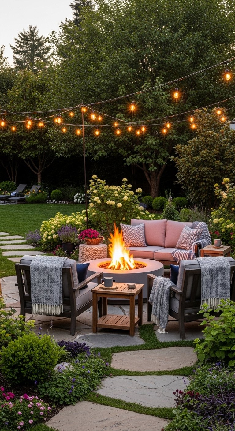 A beautifully designed Outdoor Fire Pit Area with a roaring fire surrounded by cozy seating, string lights, and lush landscaping in a warm backyard setting, showcasing 13 ideas that will transform your backyard into a cozy haven.