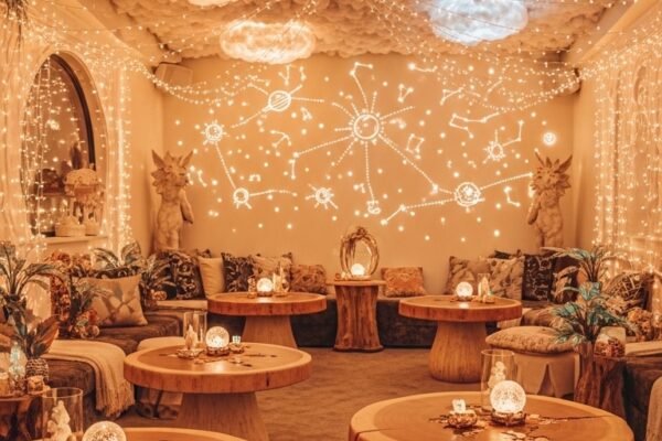 A beautifully designed Whimsical Room with floating cloud ceiling, glowing constellation wall, mushroom accent tables, fairy lights, and rainbow rug creating a magical enchanting space, showcasing 15 whimsical room ideas to unleash your inner child and transform your space.