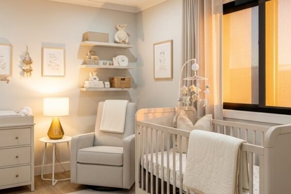 A beautifully designed Baby Nursery with soft neutral tones, elegant convertible crib, cozy glider chair, layered lighting, and personalized safe decor in warm natural light, showcasing 15 Baby Nursery Ideas to transform your little one's room into a safe stylish haven.