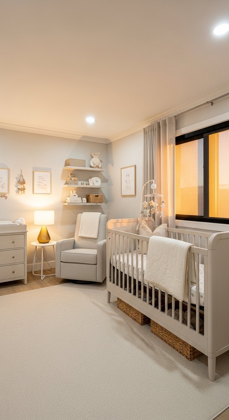 A beautifully designed Baby Nursery with soft neutral tones, elegant convertible crib, cozy glider chair, layered lighting, and personalized safe decor in warm natural light, showcasing 15 Baby Nursery Ideas to transform your little one's room into a safe stylish haven.