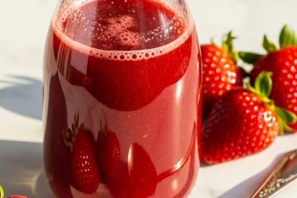 A glass bottle of vibrant ruby-red Homemade Strawberry Syrup surrounded by fresh strawberries and a vintage spoon on a white marble surface, showcasing the ultimate guide to why you will never buy store-bought strawberry syrup again.