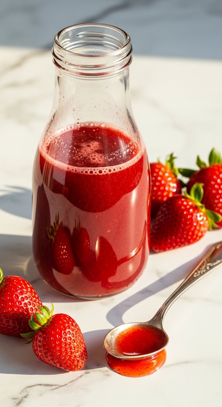 A glass bottle of vibrant ruby-red Homemade Strawberry Syrup surrounded by fresh strawberries and a vintage spoon on a white marble surface, showcasing the ultimate guide to why you will never buy store-bought strawberry syrup again.