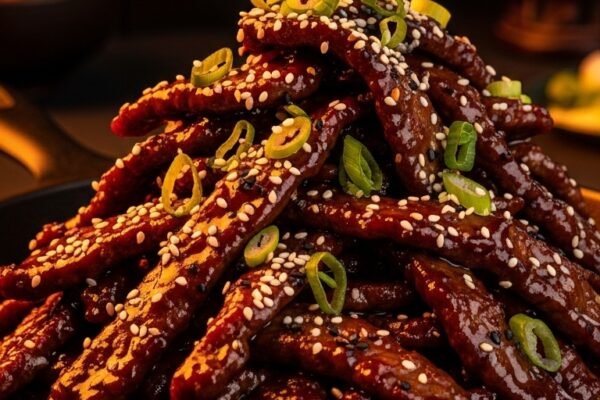 A glossy and tender Mongolian Beef dish served in a cast iron skillet topped with fresh green onions and sesame seeds, showcasing the ultimate guide to the history, recipe, and cooking tips of Mongolian Beef.