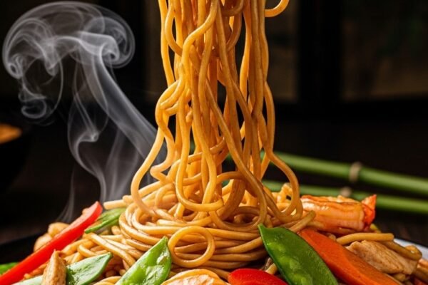 A steaming bowl of homemade Easy Lo Mein Noodles Recipe tossed with colorful vegetables and protein in rich glossy brown sauce, topped with green onions and sesame seeds, proving this recipe beats takeout every time.