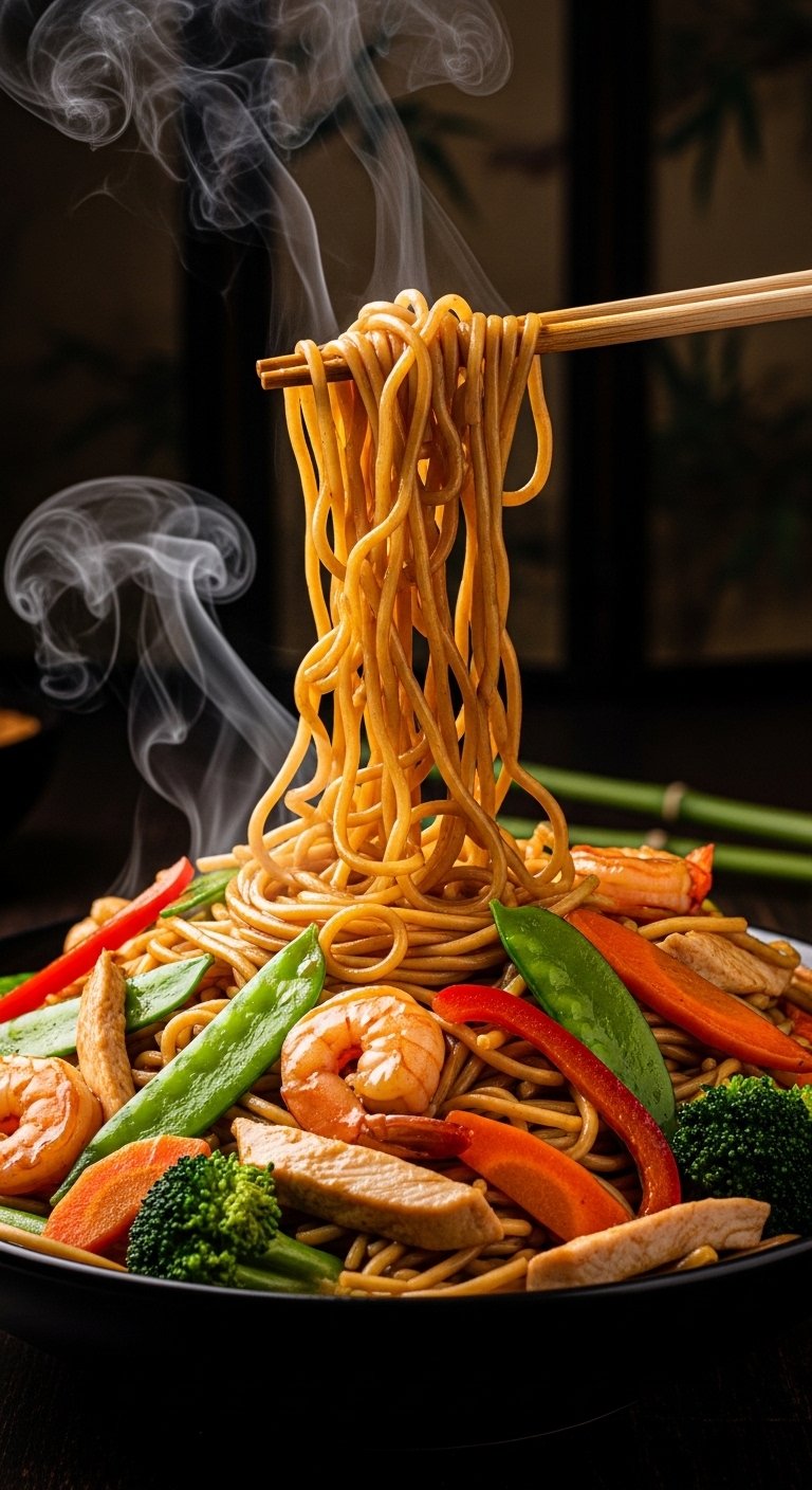 A steaming bowl of homemade Easy Lo Mein Noodles Recipe tossed with colorful vegetables and protein in rich glossy brown sauce, topped with green onions and sesame seeds, proving this recipe beats takeout every time.