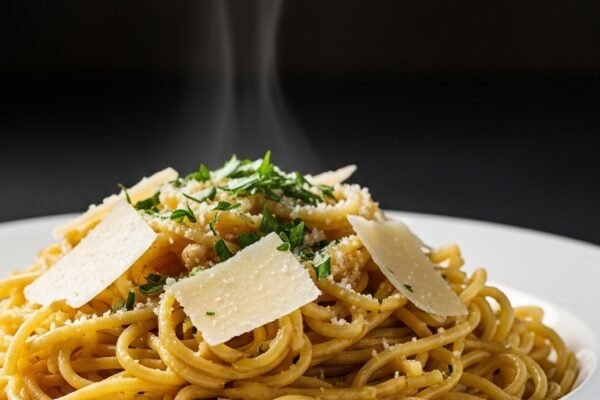 A large white ceramic bowl overflowing with glossy homemade Garlic Butter Noodles coated in golden butter, topped with freshly grated parmesan and fresh parsley, showcasing the ultimate comfort food that transforms any meal.