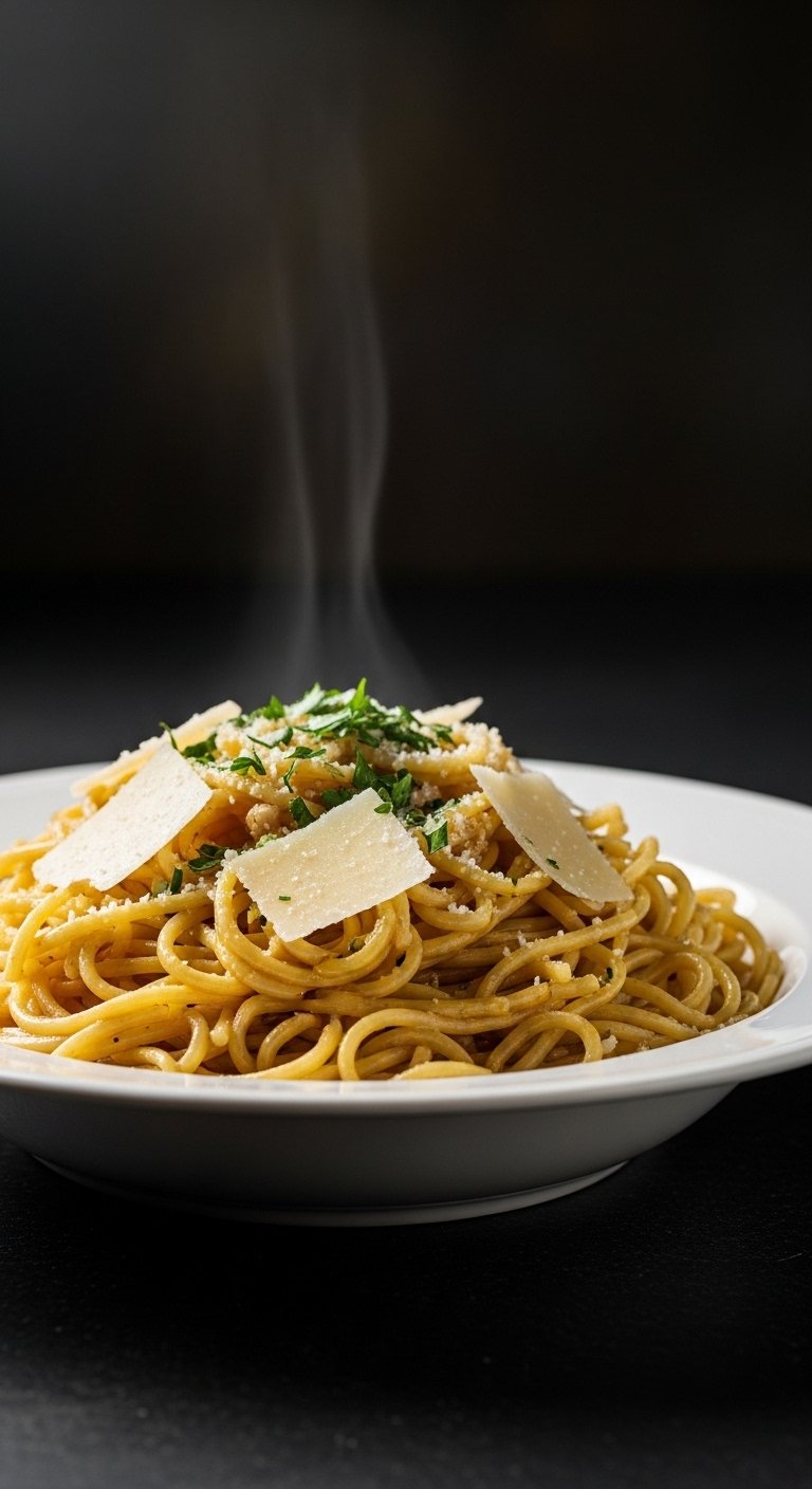 A large white ceramic bowl overflowing with glossy homemade Garlic Butter Noodles coated in golden butter, topped with freshly grated parmesan and fresh parsley, showcasing the ultimate comfort food that transforms any meal.