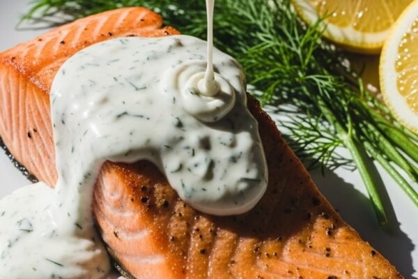 A creamy homemade Dill Sauce for Salmon served in a white ceramic bowl beside a perfectly cooked salmon fillet garnished with fresh dill sprigs and lemon wedges, showcasing the only Dill Sauce for Salmon recipe you will ever need.