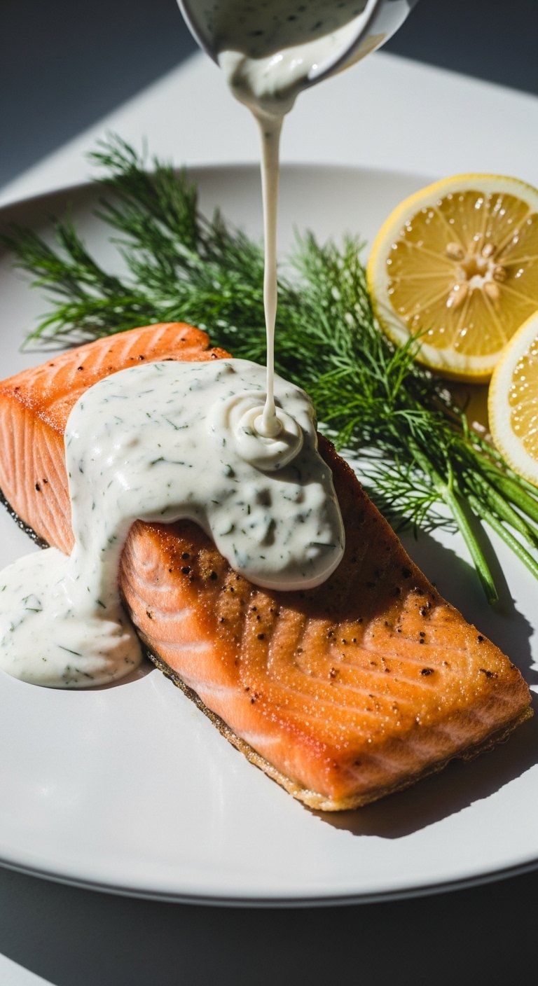 A creamy homemade Dill Sauce for Salmon served in a white ceramic bowl beside a perfectly cooked salmon fillet garnished with fresh dill sprigs and lemon wedges, showcasing the only Dill Sauce for Salmon recipe you will ever need.