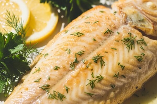 A perfectly golden baked tilapia fillet served on a white ceramic plate with lemon butter glaze, fresh herbs, and lemon slices, showcasing delicious and easy Tilapia Ideas Baked for perfect weeknight dinners.