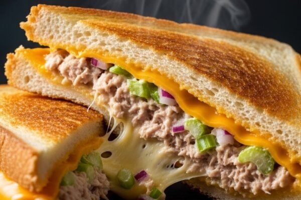A perfectly golden grilled Best Tuna Melt Sandwich cut diagonally on a rustic wooden board with melted cheese stretching dramatically, showcasing the ultimate guide to finding and making the best tuna melt sandwich of your life.