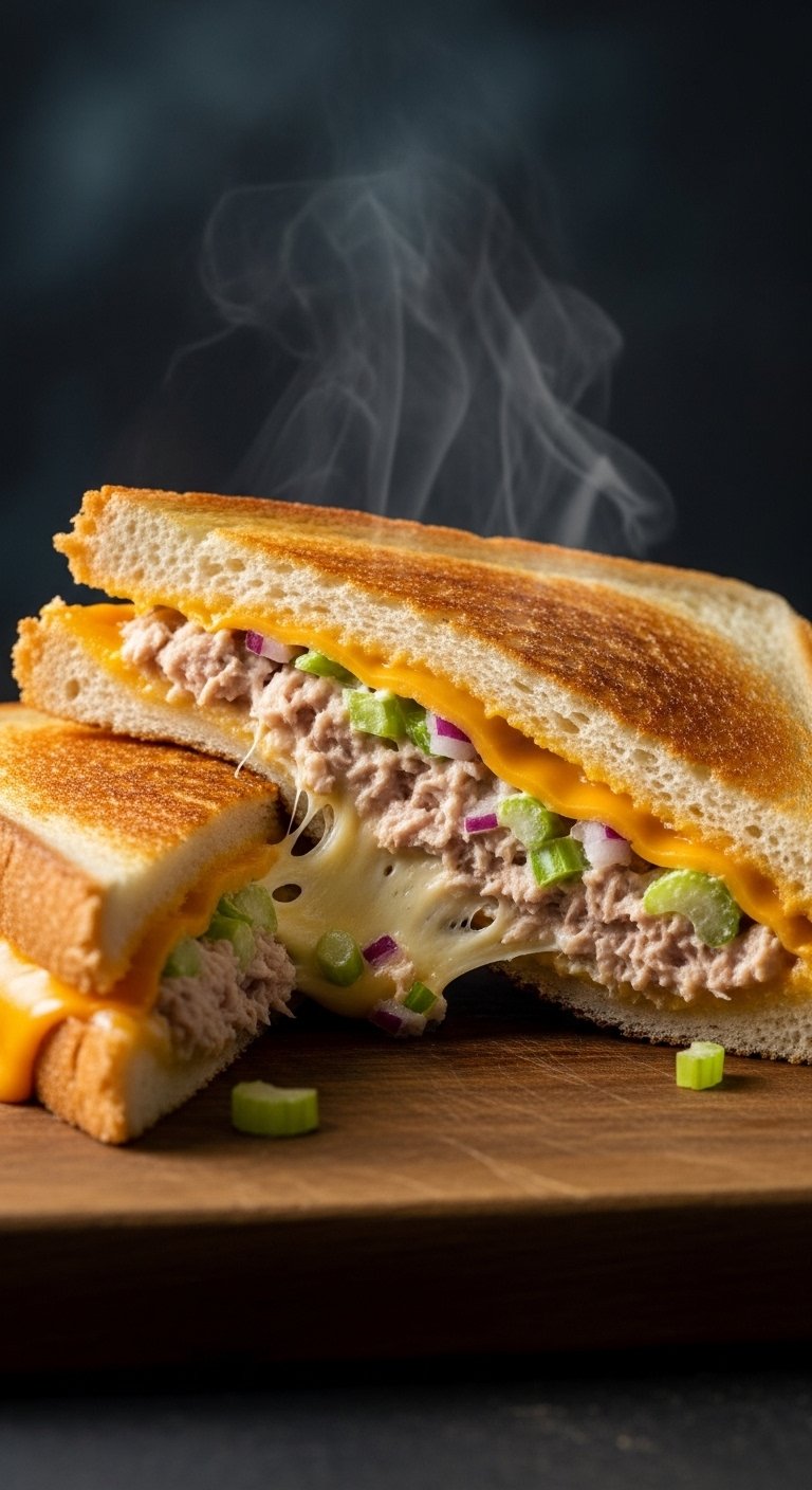 A perfectly golden grilled Best Tuna Melt Sandwich cut diagonally on a rustic wooden board with melted cheese stretching dramatically, showcasing the ultimate guide to finding and making the best tuna melt sandwich of your life.