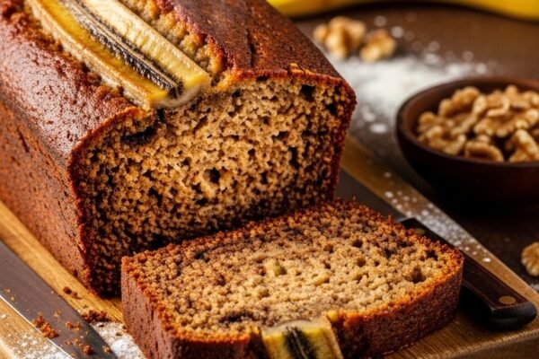 A perfectly golden and ultra-moist Best Banana Bread Recipe Moist loaf on a rustic wooden board with a thick slice revealing the dark moist interior, showcasing the ultimate guide to the most emotional banana bread you will ever bake.