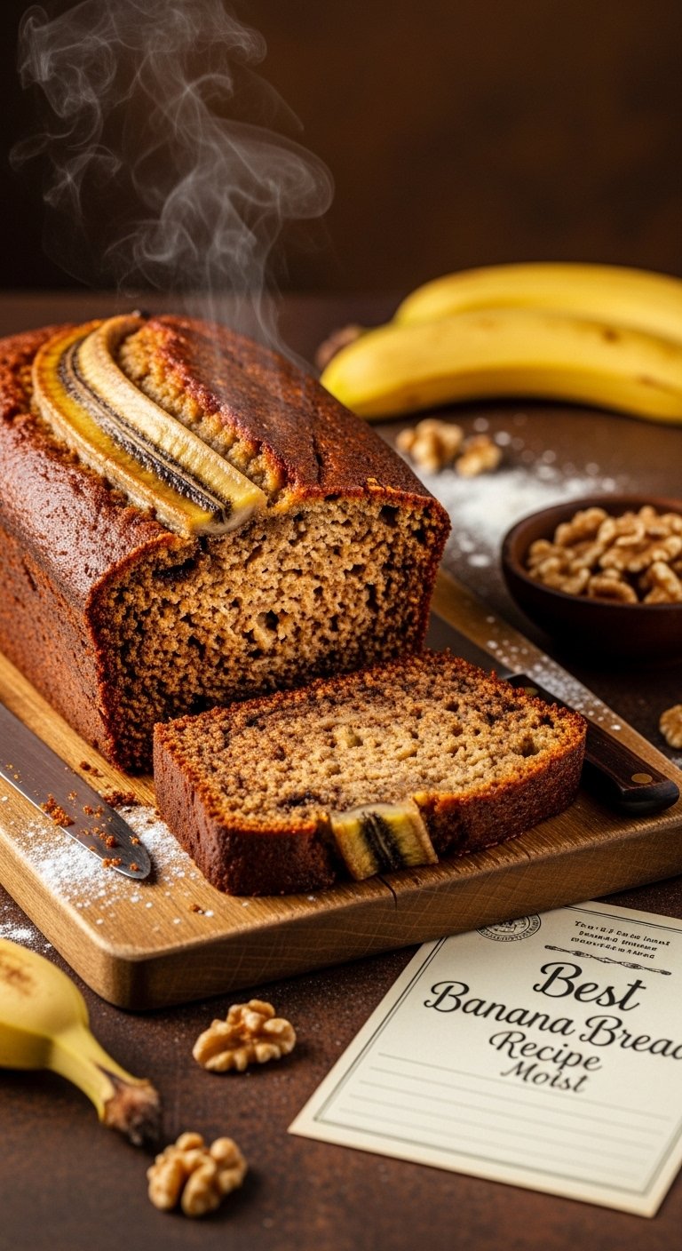 A perfectly golden and ultra-moist Best Banana Bread Recipe Moist loaf on a rustic wooden board with a thick slice revealing the dark moist interior, showcasing the ultimate guide to the most emotional banana bread you will ever bake.