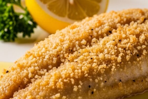 A perfectly golden and crispy Parmesan Crusted Tilapia fillet served on a white ceramic plate with a lemon wedge and fresh parsley, showcasing the ultimate guide to this buttery crispy dinner miracle.