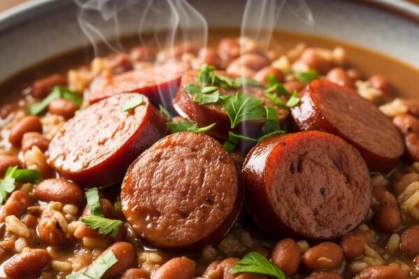 A rustic ceramic bowl filled with creamy homemade Easy Red Beans and Rice Recipe topped with andouille sausage slices and fresh parsley, showcasing the ultimate step-by-step guide to Southern comfort food perfection.