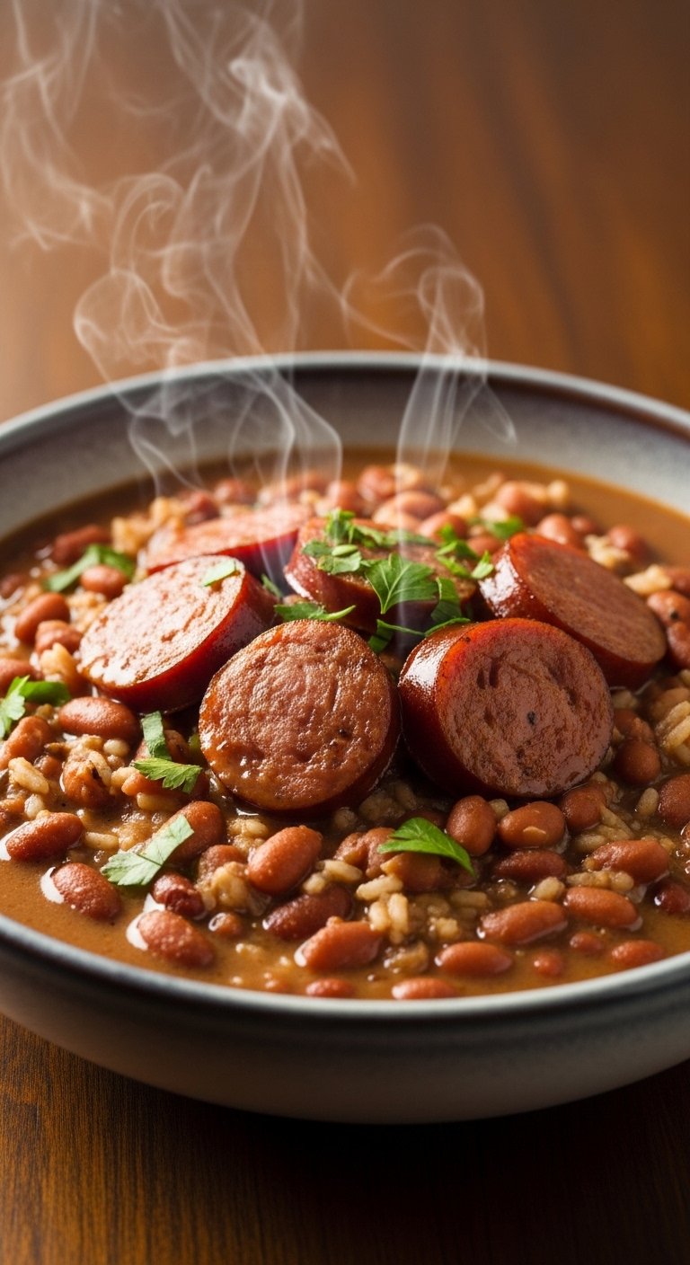 A rustic ceramic bowl filled with creamy homemade Easy Red Beans and Rice Recipe topped with andouille sausage slices and fresh parsley, showcasing the ultimate step-by-step guide to Southern comfort food perfection.