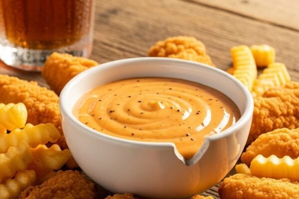 A creamy homemade Canes Sauce Recipe served in a white ceramic bowl surrounded by golden crispy chicken tenders and crinkle-cut fries on a rustic wooden surface, perfect for recreating the famous Raising Cane's dipping sauce at home.