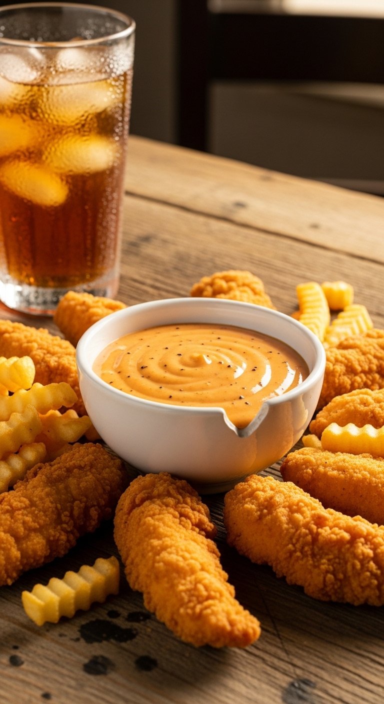 A creamy homemade Canes Sauce Recipe served in a white ceramic bowl surrounded by golden crispy chicken tenders and crinkle-cut fries on a rustic wooden surface, perfect for recreating the famous Raising Cane's dipping sauce at home.