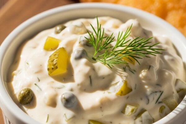 A thick and creamy homemade Best Tartar Sauce Recipe served in a white ceramic bowl with fresh dill garnish beside golden crispy fish fillets on a rustic wooden board, showcasing the ultimate guide to creamy tangy tartar sauce perfection.