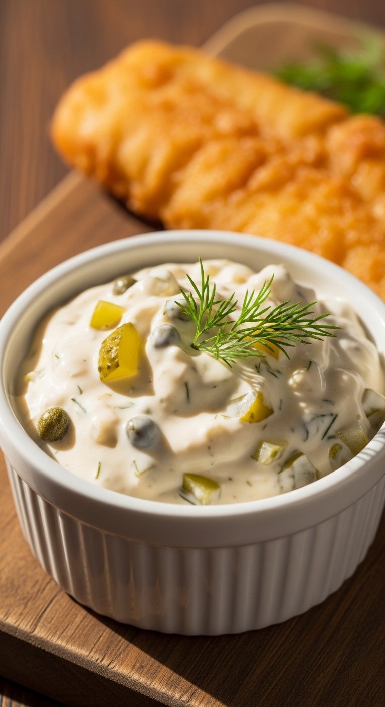 A thick and creamy homemade Best Tartar Sauce Recipe served in a white ceramic bowl with fresh dill garnish beside golden crispy fish fillets on a rustic wooden board, showcasing the ultimate guide to creamy tangy tartar sauce perfection.