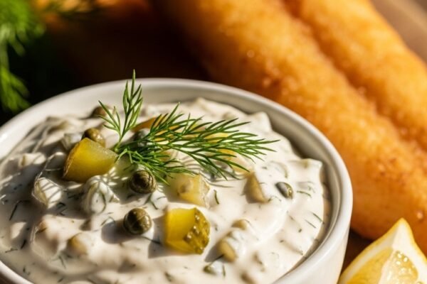 A thick and creamy Homemade Tartar Sauce Recipe served in a white ceramic bowl garnished with fresh dill beside golden crispy fish and a lemon wedge on a rustic wooden board, proving why store-bought never stands a chance.