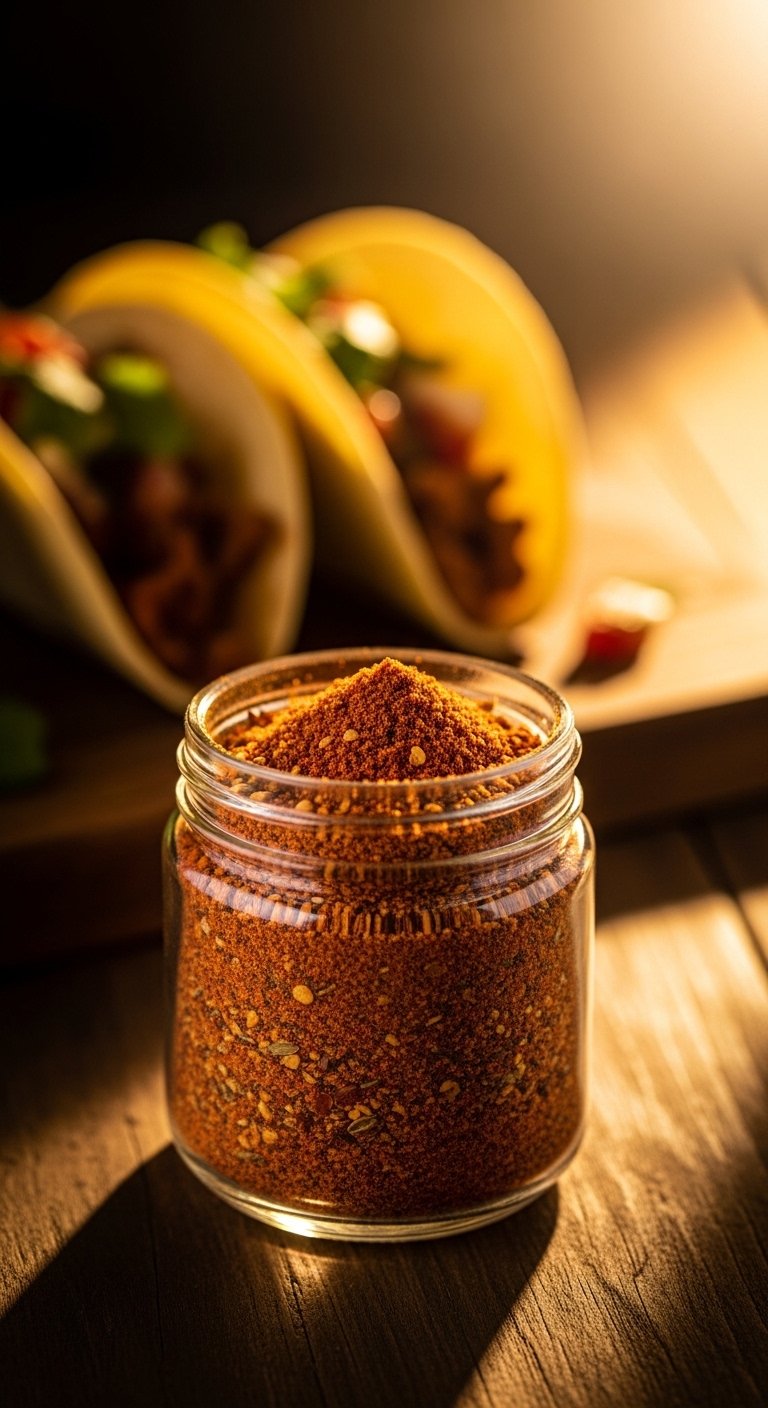 A vibrant glass jar filled with homemade Taco Seasoning Recipe blend of rich red-brown spices on a rustic wooden surface beside fresh tacos, showcasing the ultimate guide to making perfect homemade taco seasoning every time.