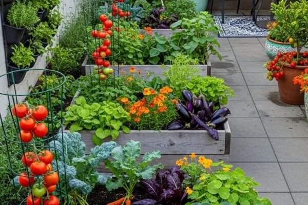A lush and productive Small Backyard Vegetable Garden with raised beds overflowing with colorful vegetables, vertical growing structures, and container plants on a sunny patio, showcasing 15 ideas that will transform your tiny yard into a food factory.