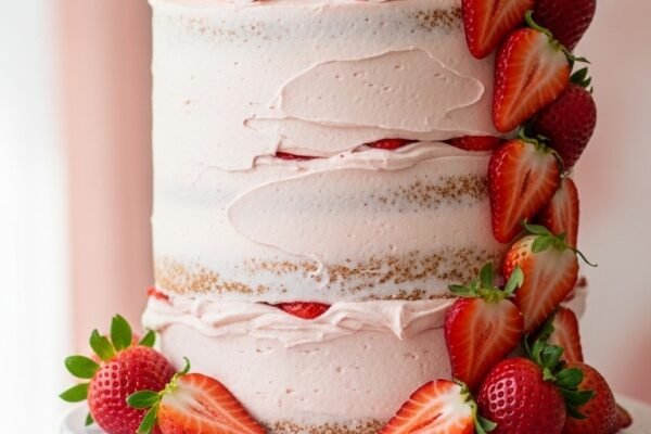 A tall three-layer Homemade Strawberry Cake on a white cake stand with pink cream cheese frosting and fresh strawberries cascading on top, showcasing the ultimate guide to why fresh berries beat box mix every time.
