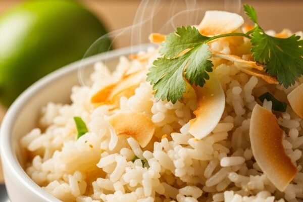 A creamy and aromatic homemade Coconut Rice Recipe served in a white ceramic bowl topped with toasted coconut flakes and fresh cilantro with a lime wedge beside it, showcasing the ultimate guide to perfect coconut rice every time.