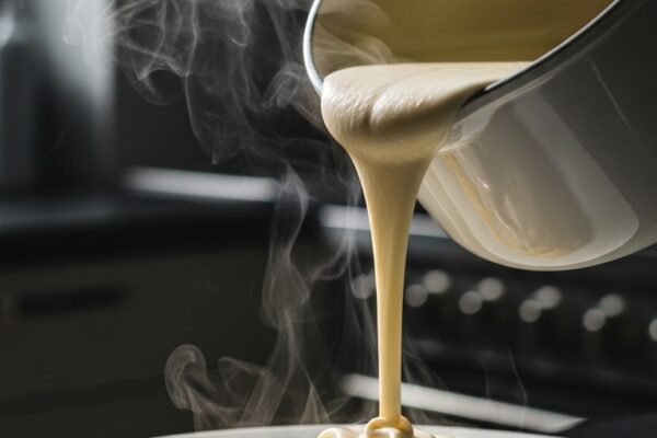 A thick and creamy homemade White Sauce Recipe being poured from a white ceramic saucepan over pasta, with steam rising against a dark moody kitchen background, showcasing the ultimate foolproof guide to perfect white sauce every time.