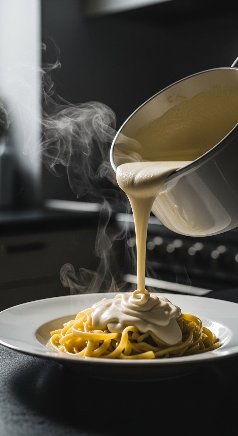 A thick and creamy homemade White Sauce Recipe being poured from a white ceramic saucepan over pasta, with steam rising against a dark moody kitchen background, showcasing the ultimate foolproof guide to perfect white sauce every time.