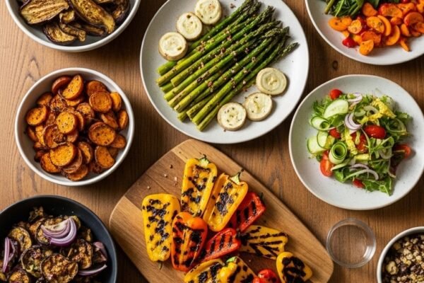 A stunning spread of fourteen colorful and hearty Veggie Dishes arranged on a rustic wooden table, showcasing a step-by-step guide to mouthwatering plant-based meals that make you forget meat exists.