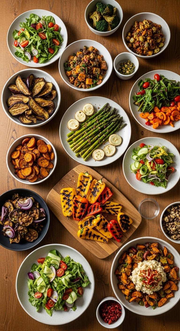 A stunning spread of fourteen colorful and hearty Veggie Dishes arranged on a rustic wooden table, showcasing a step-by-step guide to mouthwatering plant-based meals that make you forget meat exists.
