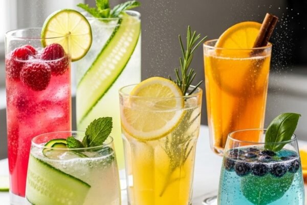A collection of colorful homemade Sparkling Water Recipes in tall glasses garnished with fresh fruits and herbs on a bright marble countertop, showcasing the ultimate guide to flavorful fizzy drinks.