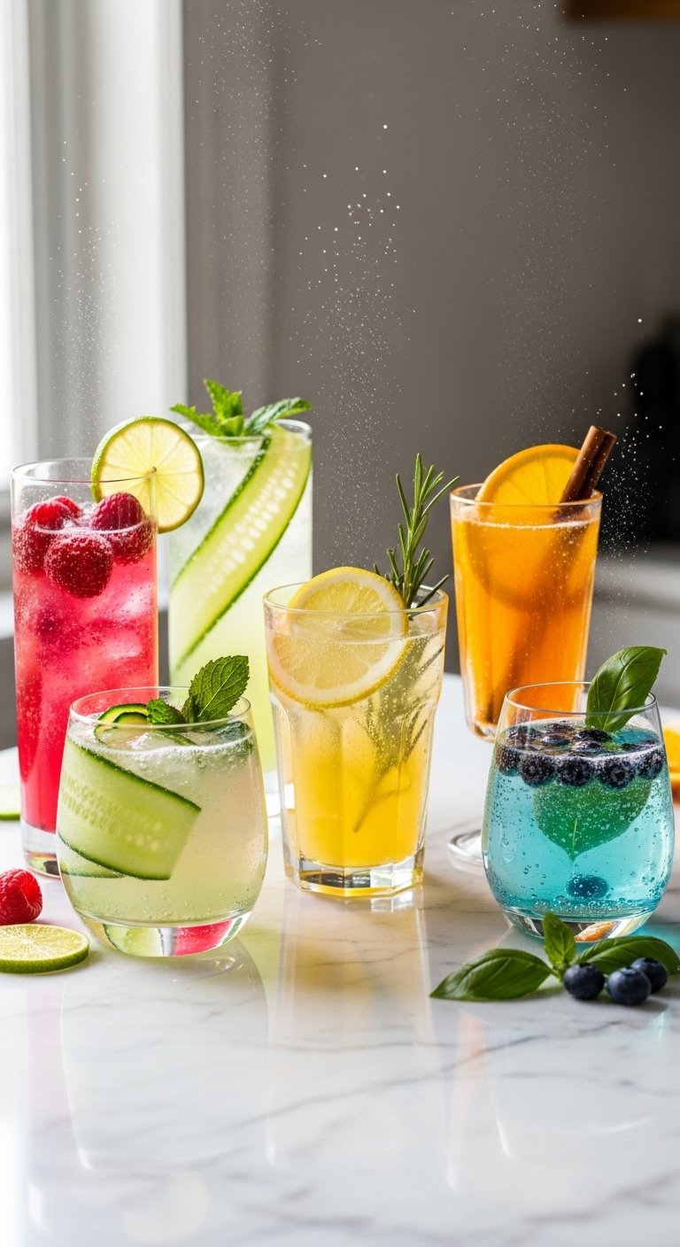 A collection of colorful homemade Sparkling Water Recipes in tall glasses garnished with fresh fruits and herbs on a bright marble countertop, showcasing the ultimate guide to flavorful fizzy drinks.