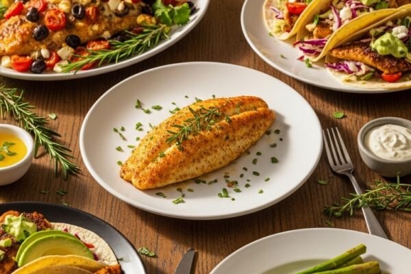 A stunning spread of colorful and healthy Tilapia Fish Recipes including pan-seared, baked Mediterranean, blackened tacos, and lemon butter fillets arranged on a rustic wooden table, showcasing the ultimate guide to delicious easy tilapia meals for everyone.