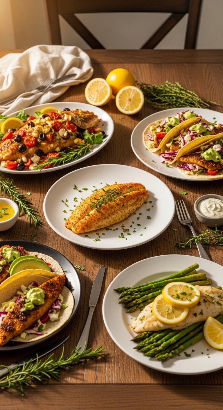 A stunning spread of colorful and healthy Tilapia Fish Recipes including pan-seared, baked Mediterranean, blackened tacos, and lemon butter fillets arranged on a rustic wooden table, showcasing the ultimate guide to delicious easy tilapia meals for everyone.