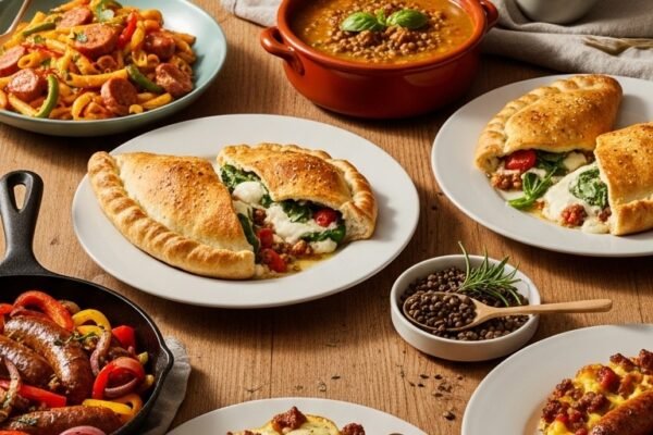 A stunning spread of six Sweet Italian Sausage Recipes Dinners including sausage and peppers, creamy pasta, potato bake, hearty soup, ricotta calzone, and rice skillet arranged on a rustic wooden table, perfect for saving weeknights and wowing your family.