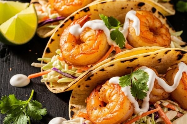 Three golden crispy Baja Shrimp Tacos assembled in warm corn tortillas with creamy slaw, white Baja sauce drizzle, fresh cilantro, and lime wedges on a rustic wooden board, showcasing the ultimate guide to crispy creamy flavor-packed Baja shrimp tacos.