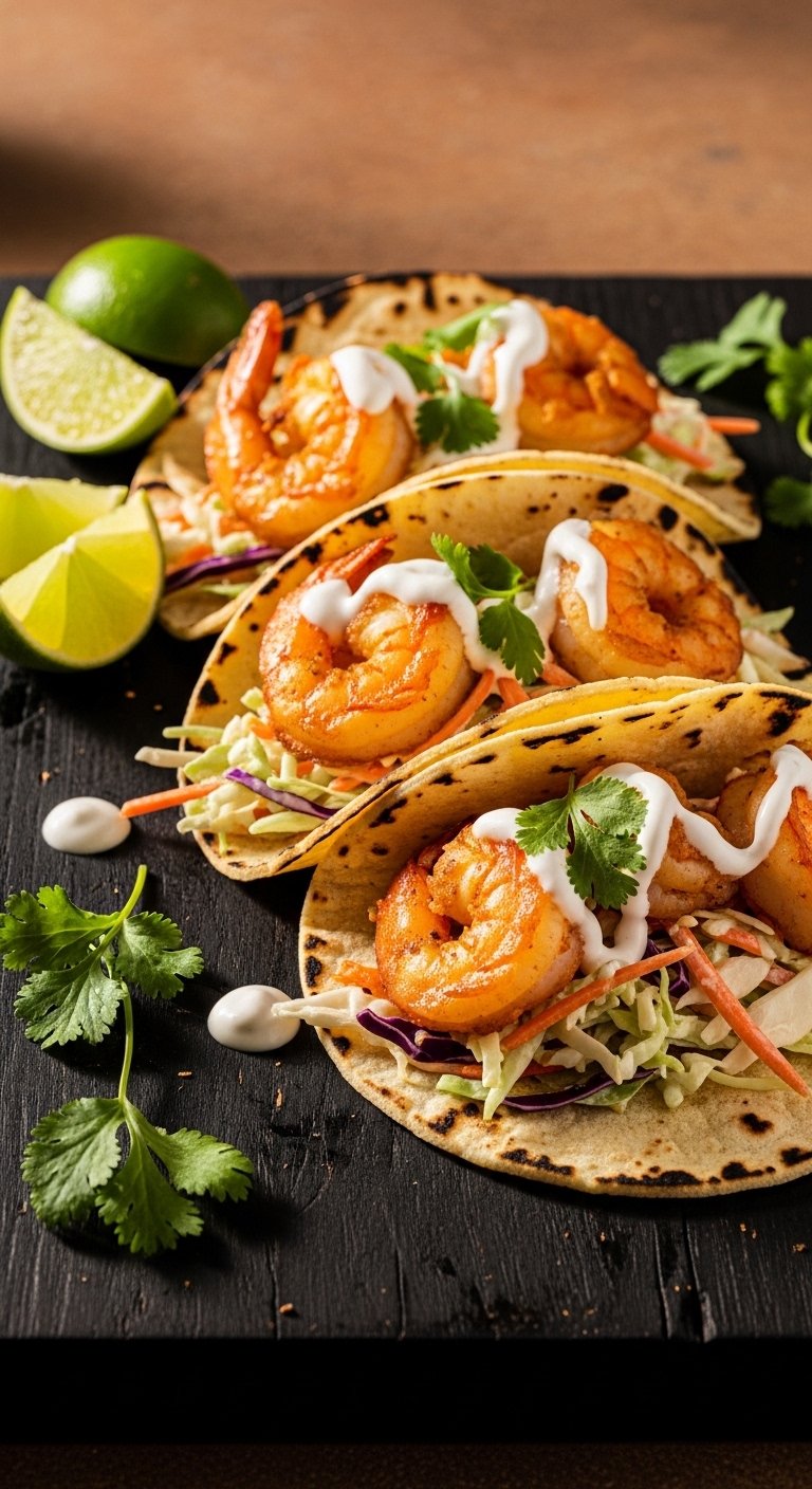 Three golden crispy Baja Shrimp Tacos assembled in warm corn tortillas with creamy slaw, white Baja sauce drizzle, fresh cilantro, and lime wedges on a rustic wooden board, showcasing the ultimate guide to crispy creamy flavor-packed Baja shrimp tacos.
