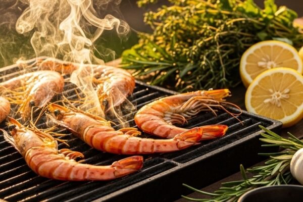A platter of perfectly grilled shrimp recipes garnished with fresh lemon slices, herbs, and spices on a rustic wooden board, ideal for a delicious and easy summer dinner.