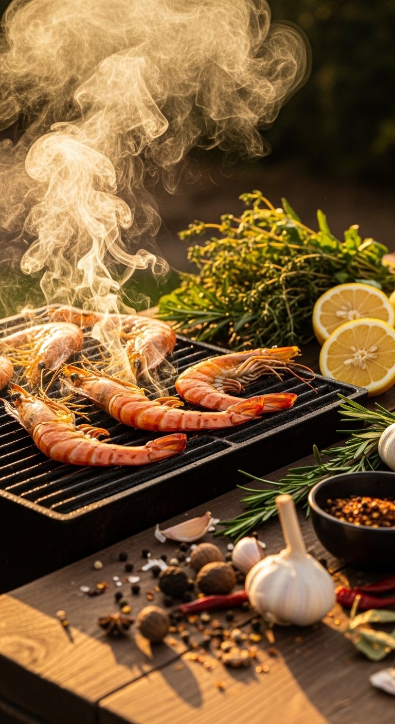 A platter of perfectly grilled shrimp recipes garnished with fresh lemon slices, herbs, and spices on a rustic wooden board, ideal for a delicious and easy summer dinner.