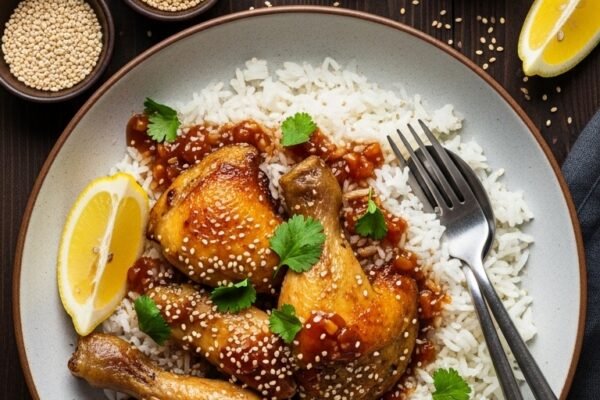A close-up overhead shot of a perfectly plated chicken and rice bowl drizzled with rich glossy sauce for chicken and rice, topped with fresh herbs and sesame seeds on a dark wooden table, the ultimate guide to the best sauce for chicken and rice.