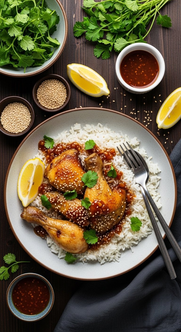 A close-up overhead shot of a perfectly plated chicken and rice bowl drizzled with rich glossy sauce for chicken and rice, topped with fresh herbs and sesame seeds on a dark wooden table, the ultimate guide to the best sauce for chicken and rice.