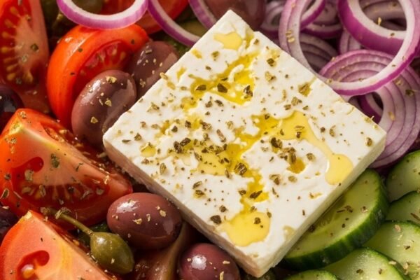 A traditional Greek salad recipe in a white ceramic bowl with fresh tomatoes, cucumber, red onion, Kalamata olives, and feta cheese drizzled with olive oil on a rustic Mediterranean wooden table.