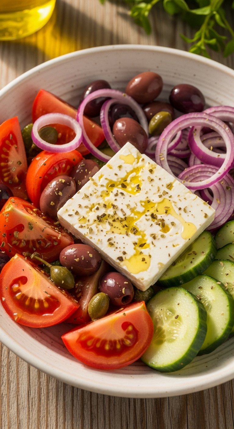 A traditional Greek salad recipe in a white ceramic bowl with fresh tomatoes, cucumber, red onion, Kalamata olives, and feta cheese drizzled with olive oil on a rustic Mediterranean wooden table.