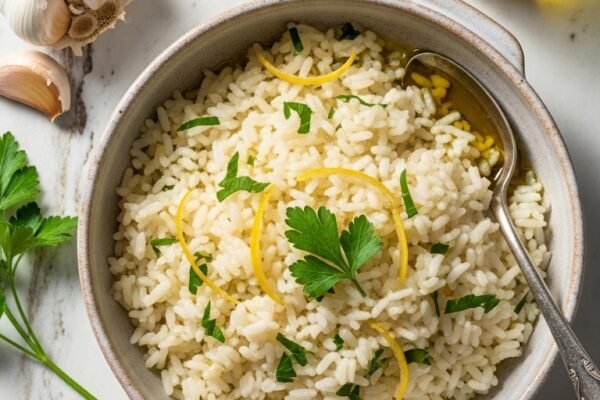 A bowl of perfect Greek lemon rice recipe garnished with fresh parsley, lemon zest, and olive oil served in a rustic ceramic dish with Mediterranean ingredients in the background.
