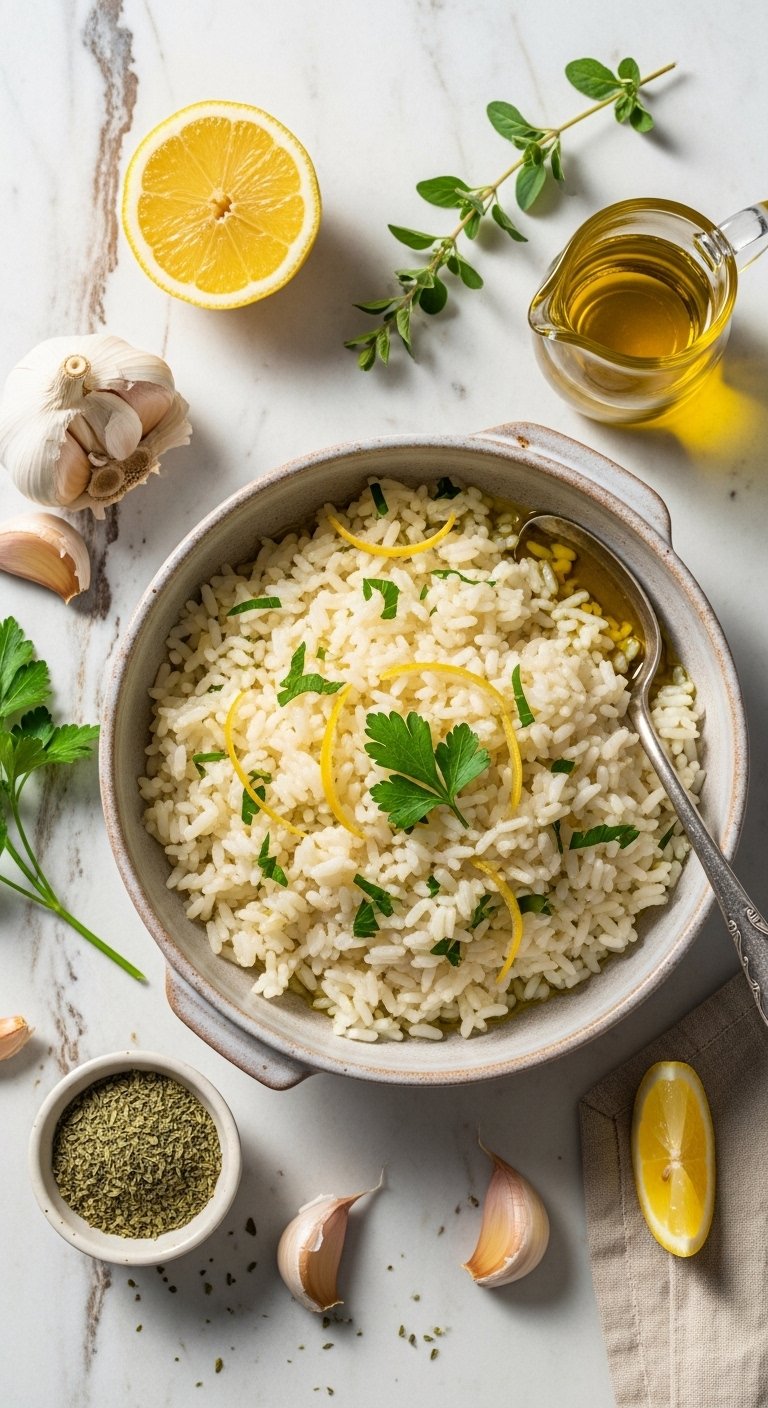 A bowl of perfect Greek lemon rice recipe garnished with fresh parsley, lemon zest, and olive oil served in a rustic ceramic dish with Mediterranean ingredients in the background.