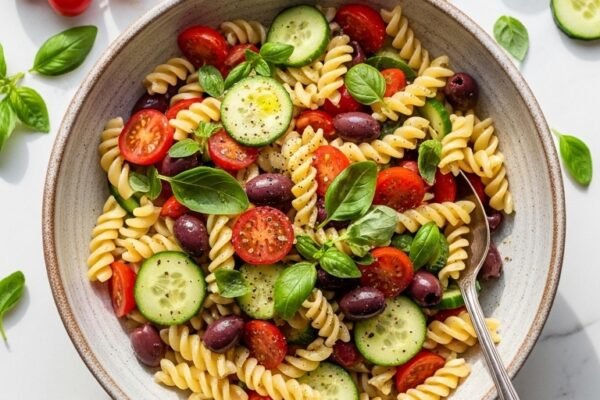 A fresh and colorful pasta salad recipe served in a rustic ceramic bowl with cherry tomatoes cucumbers olives and fresh herbs drizzled with olive oil on a white marble surface.